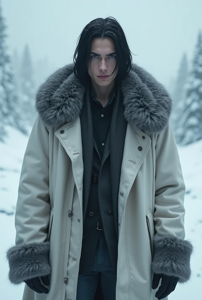 Man with straight black hair down to his forehead, offwhite, with gray eyes, with black fur coat in winter 