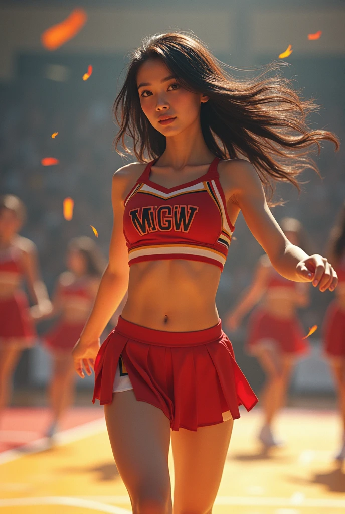  
A Real sexy Young asian student cheerleader, dancing, high quality, photorealistic