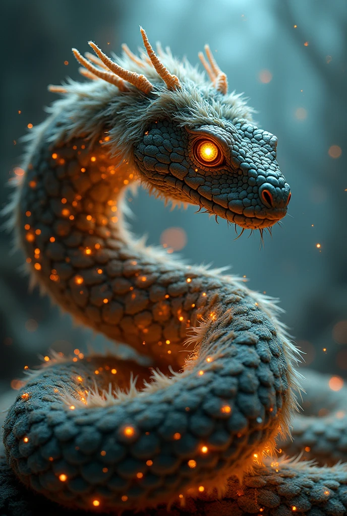"Design a python and radiation  fusion with glowing eyes and intertwined scales and fur, exuding raw, terrifying power."