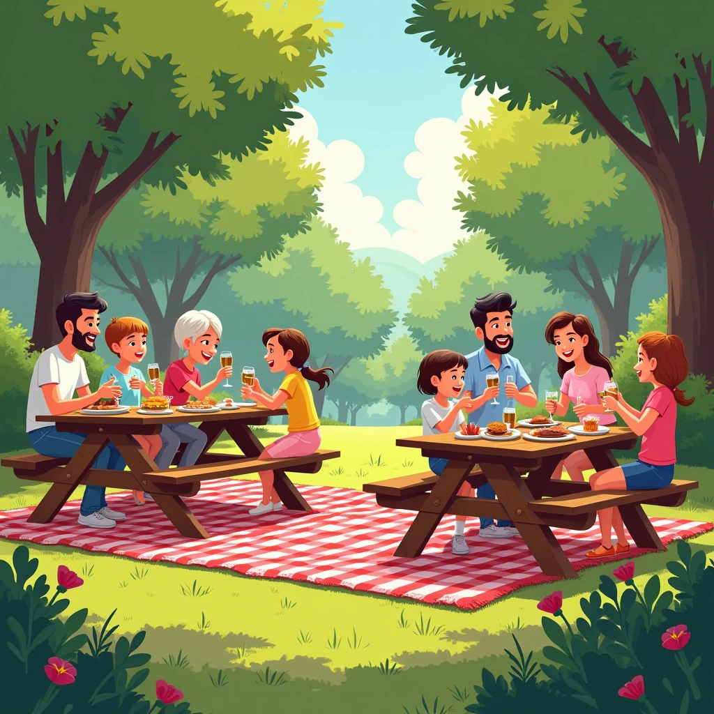 Illustrate a festive outdoor Labor Day picnic with families and friends enjoying food, games, and relaxation. The setting should include a park with trees, picnic tables, and classic red-and-white checkered blankets, conveying the warmth of community and celebration."