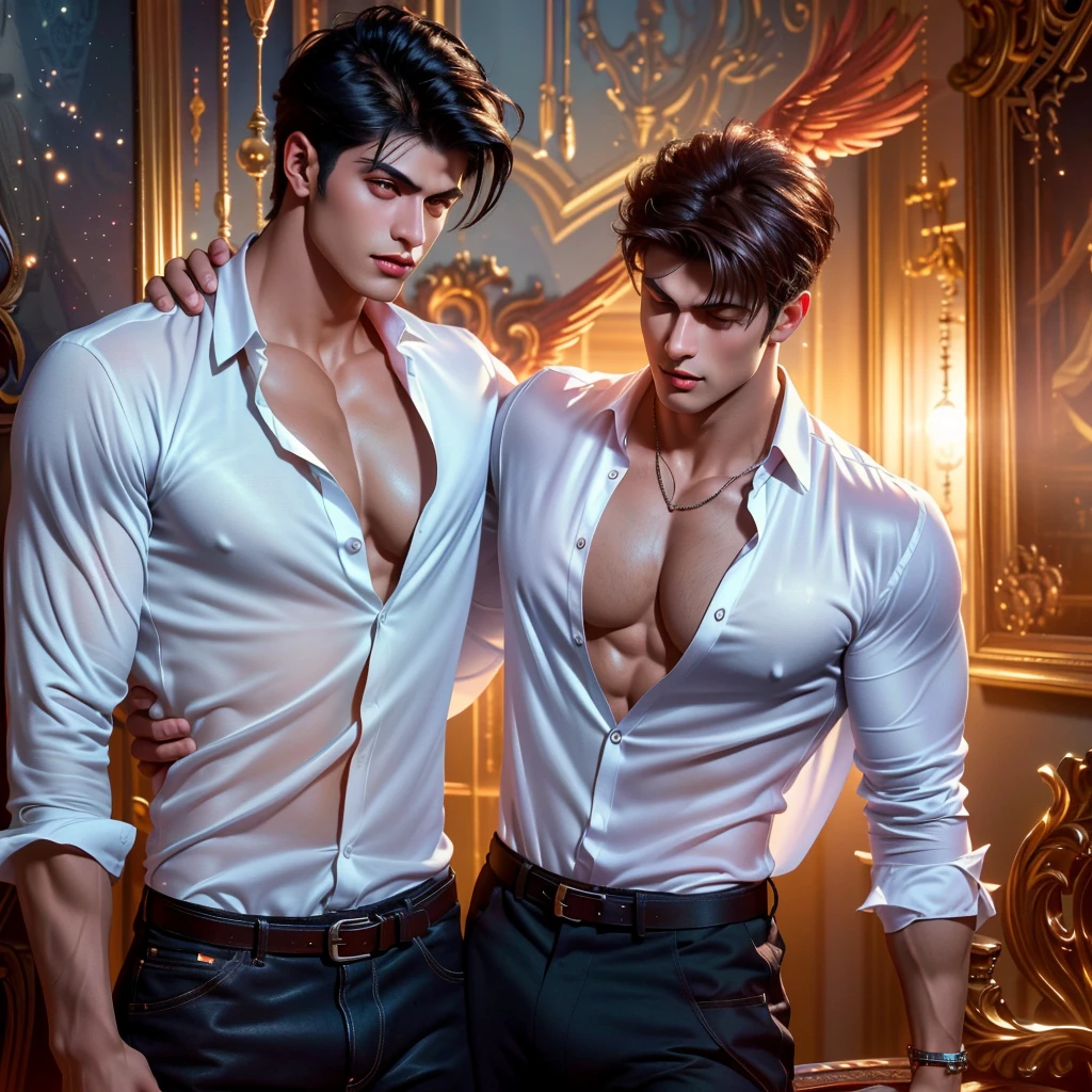 a strikingly muscular handsome young man, solo, extremely detailed facial features, (a scene in which cadis etrama di raizel from noblesse with the face of Matthew Daddario spreading his wings in lukedonia), (large blood red wings), (white shirt and black brief, bulge: 1.2), (open shirt showcasing chest and abs: 1.5), gorgeous, beautiful, wet, perfect eyes, sexy gaze, looking at the viewers romantically, perfect bare body, smooth skin, wide chest, largest breast, extremely large pectorals, big nipples, breathtaking grandeur, very bright colors, light particles, with light glowing, wallpaper art, UHD wallpaper, (toned physique: 1.5), (subtle gleam: 1.5) in his skin, full body view, full scene,