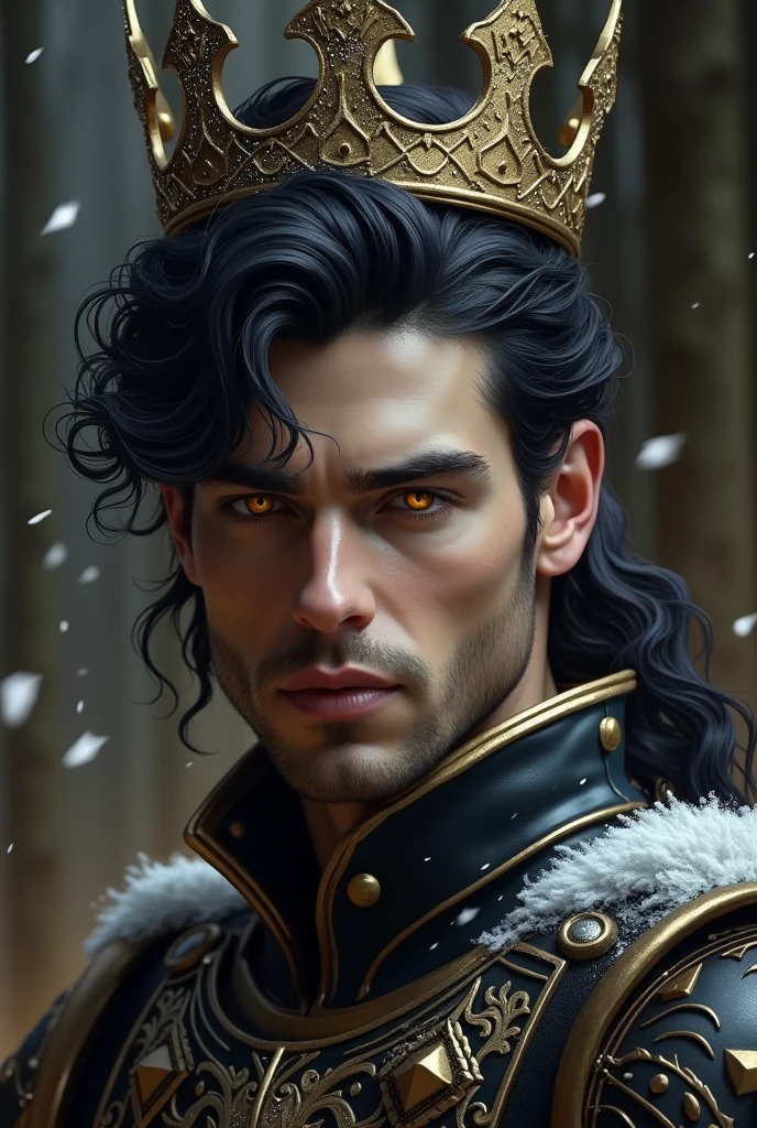A man with intense yellow eyes and black hair with a crown with white sparkles dressed in an armor-type suit standing next to a black horse with a white and silver saddle in a snowy forest