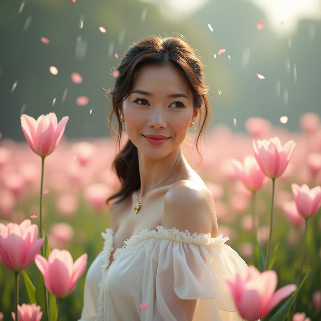 Best quality, masterpiece, ultra high resolution (photorealistic: 1.4), raw photo, 1 girl, white dress, bare shoulders, field of pink flowers in bloom, glowing skin, slight smile, Naked woman in white coat, middle-aged woman, beautiful woman, open body, light autumn rain, fullbody portrait