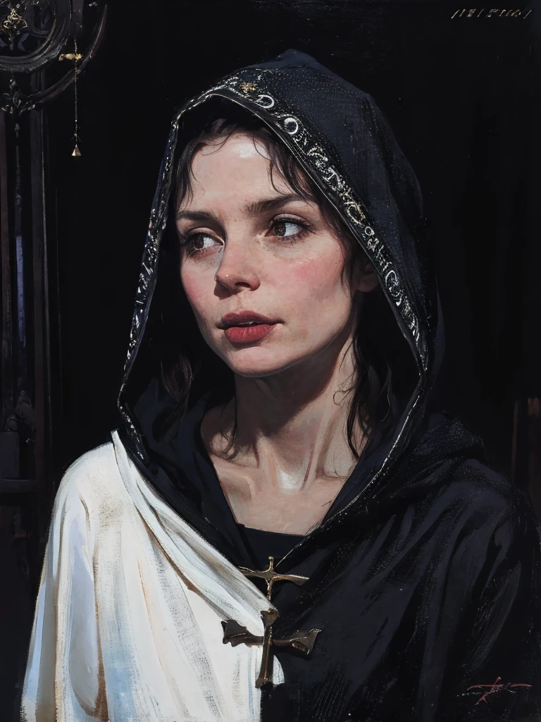 Close-up portrait of a young woman with a rebellious and defiant expression. His face is in the foreground, softly and dimly lit, highlighting her light skin. He wears a black hood that covers most of his head., leaving only his mouth and tongue visible. About the hood, A white cross stands out at the top, contrasting with the dark fabric. the woman has her mouth open, showing a wide, provocative smile while sticking her tongue out, creating a bold and defiant effect. The light is subtle, with soft shadows that add a dramatic touch to the face and hood. The style is hyperrealistic, capturing the details of the fabric texture, Shiny teeth and wet tongue,The hood covers his eyes and nose,only the mouth visible