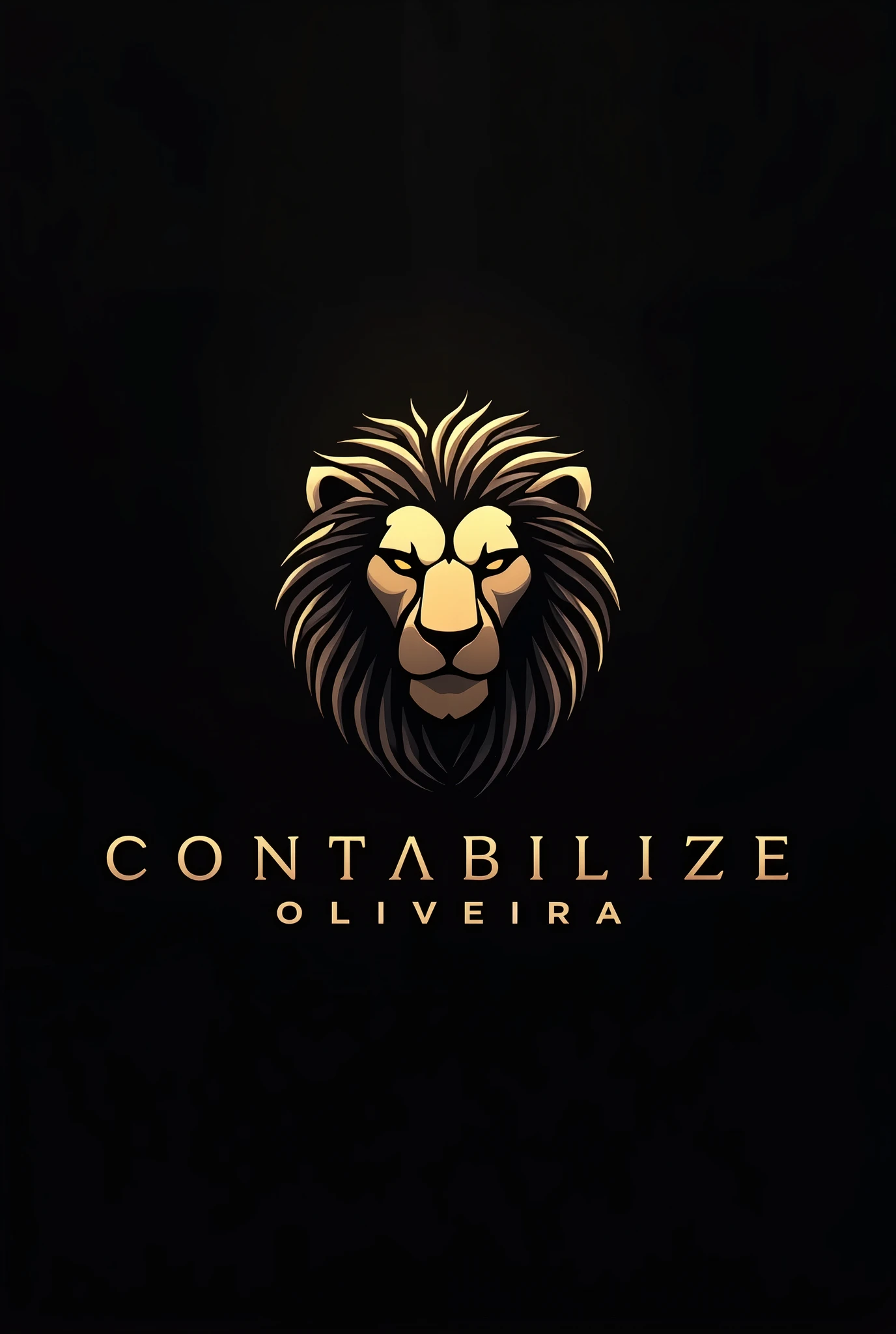 A logo for an accounting firm with the name Contabilize Oliveira. In black and gold colors, with dark background and lion image with futuristic fonts.