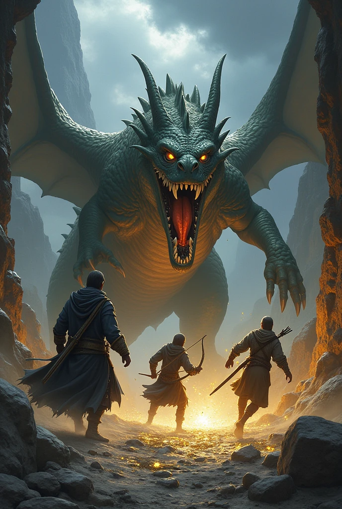 The wizard and the archer had to use all their skills to escape the angry dragon. They managed to escape, but they had to leave the treasure behind. The dragon had successfully protected his treasure.