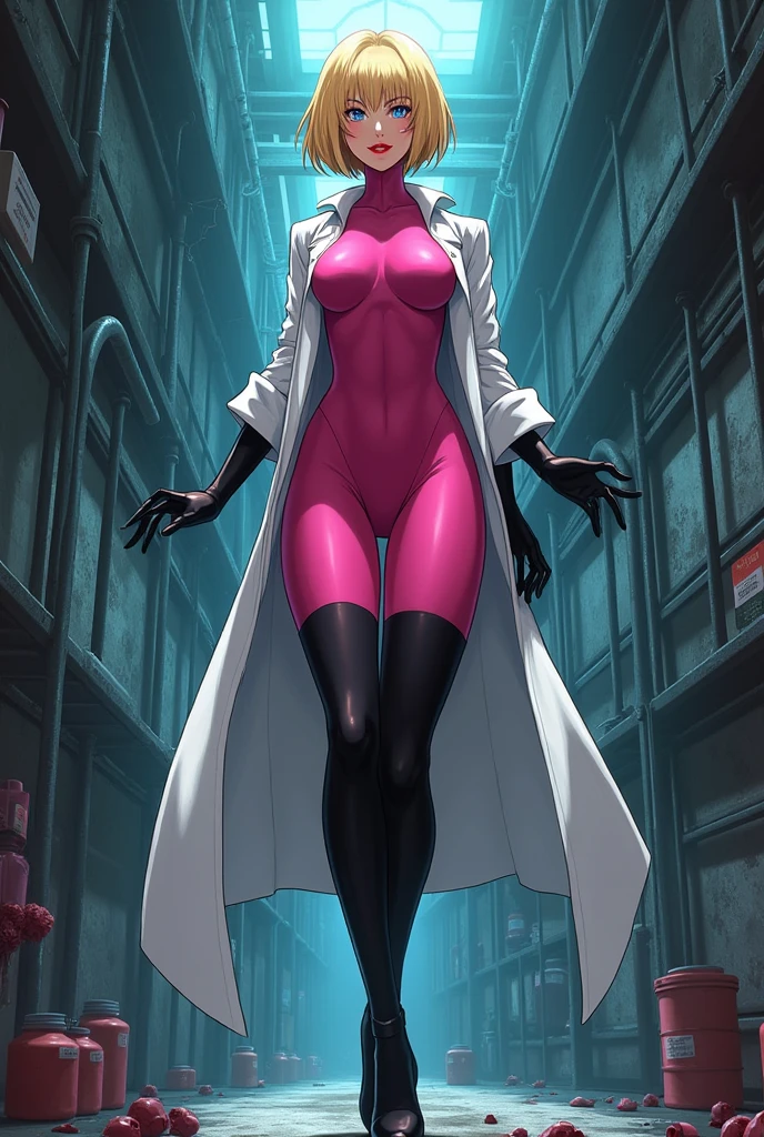 Anime style, Sultry and Beautiful young woman with a soul of pure evil and hatred. Short blonde hair that covers her left eye and blue eyed supervillain dressed in a sleek skintight pink bodysuit, long black gloves and black calf high boots. A long white lab coat over her bodysuit competes the look. She is floating and emanating black energy. She has a smile crossing her thin red lips. The setting is a dirty laboratory with a captured costumed hero in a cage. She is creating poisons in a lab.