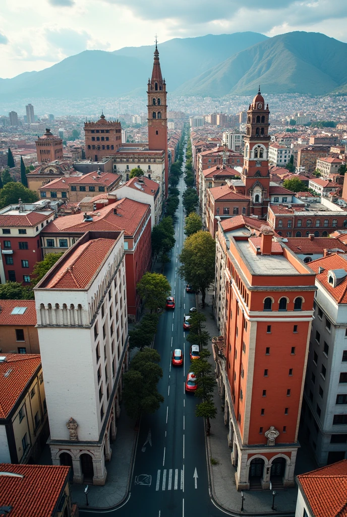 You have tall buildings about 50 meters high separated, with a different design each one of them on an avenue in the city of Arequipa. Have an aerial view