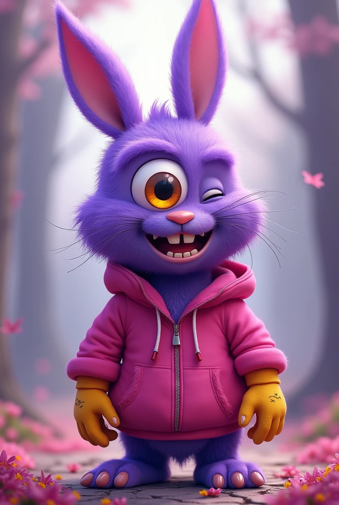 Purple bunny with pink hoodie with yellow gloves yellow teeth and yellow eye