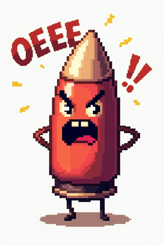 Make me a picture of a 32-bit bullet literally shouting OEEEE with a transparent background, the bullet should be pixel art style with angry face