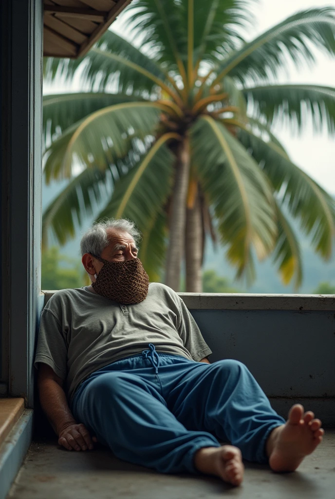 A sick elderly Brazilian man lying down wearing a gray shirt and blue sweatpants, slightly gray hair with a big nose in a brown net with a horizontal frizer behind on a colonial balcony and cement floor and a coconut tree right in front