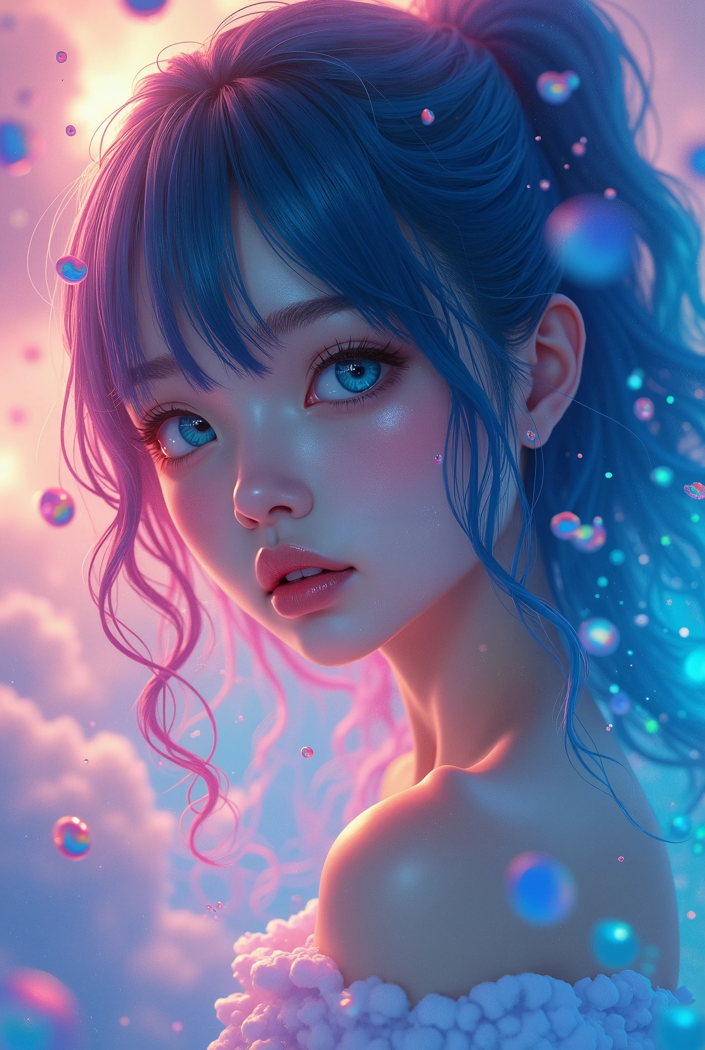 (Japanese girl:1.3), beautiful detailed eyes, beautiful detailed lips, extremely detailed eyes and face, long eyelashes, upper body, from side, looking at viewer, (fractal art:1.3), (rainbow color hair, colorful hair, half blue and half pink hair:1.2), water, liquid, cloud, colorful, starry, stars, (best quality, 4k, 8k, highres, masterpiece:1.2), ultra-detailed, (realistic, photorealistic, photo-realistic:1.37), vibrant colors, studio lighting, extremely detailed description, professional, concept art