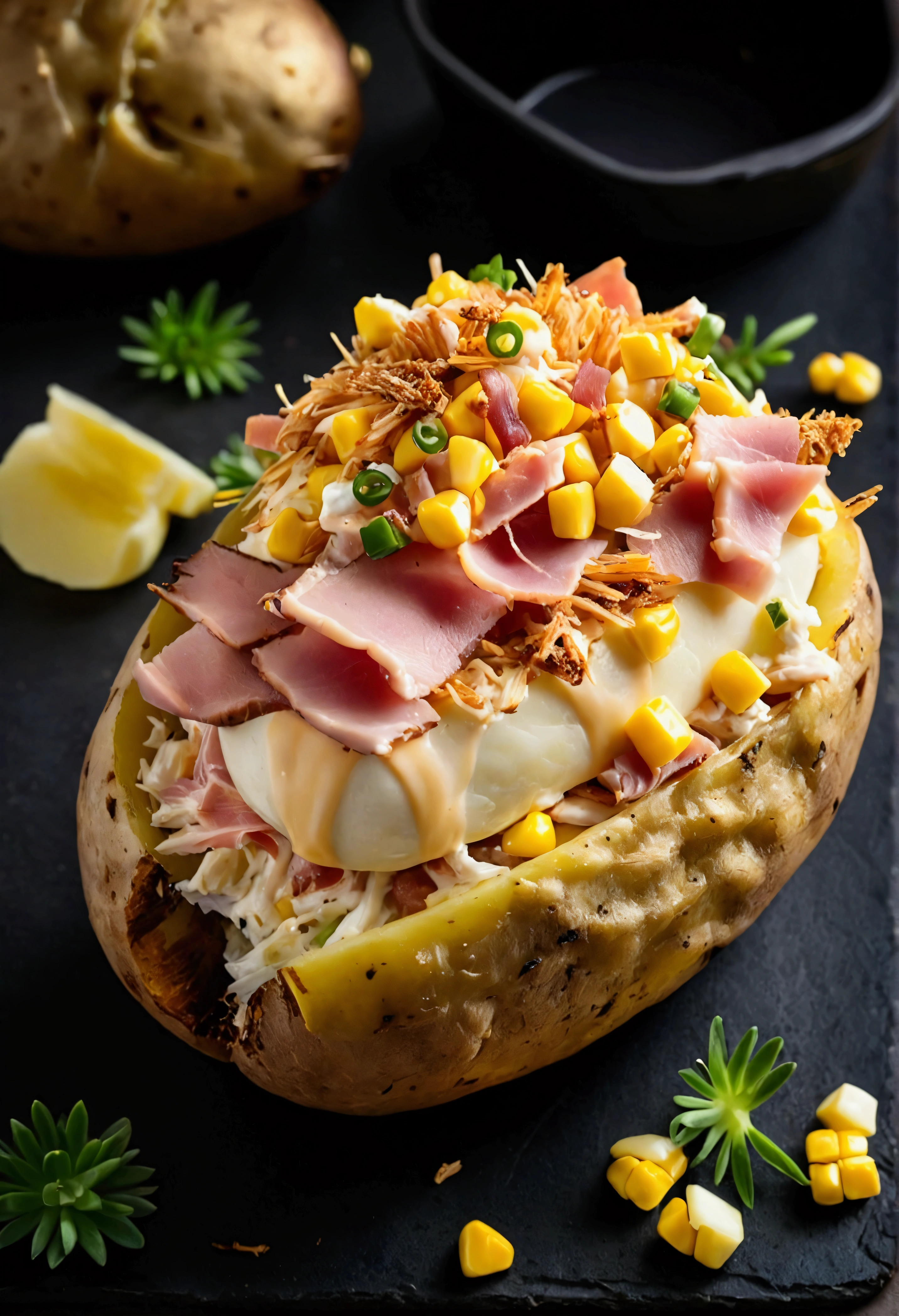 A high-quality, professional image on a black background featuring a halved baked potato stuffed with shredded chicken, sweetcorn, diced ham and cream cheese on the edges. The potato is finished with a golden, buttery layer of crispy straw potatoes running the length of the potato. The lighting is perfect to highlight the succulence of the dish, creating a 'food porn' effect that triggers a strong desire to taste and creates something in the mouth."