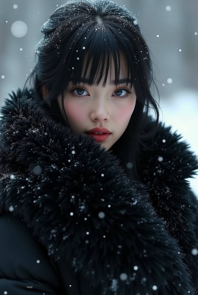 Woman with straight black hair down to her forehead, offwhite, with gray eyes, with black fur coat in winter