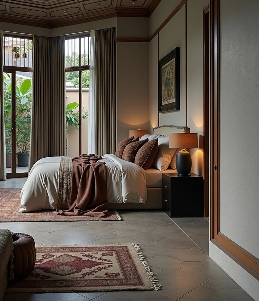 Indochina bedroom interior design, bedroom with bed, lamp, carpet, pillow, couch, tiled floor, black wood furniture, picture frame, daytime, 8k uh, DSLR, soft light, quality high, film grain, Fujifilm XT3