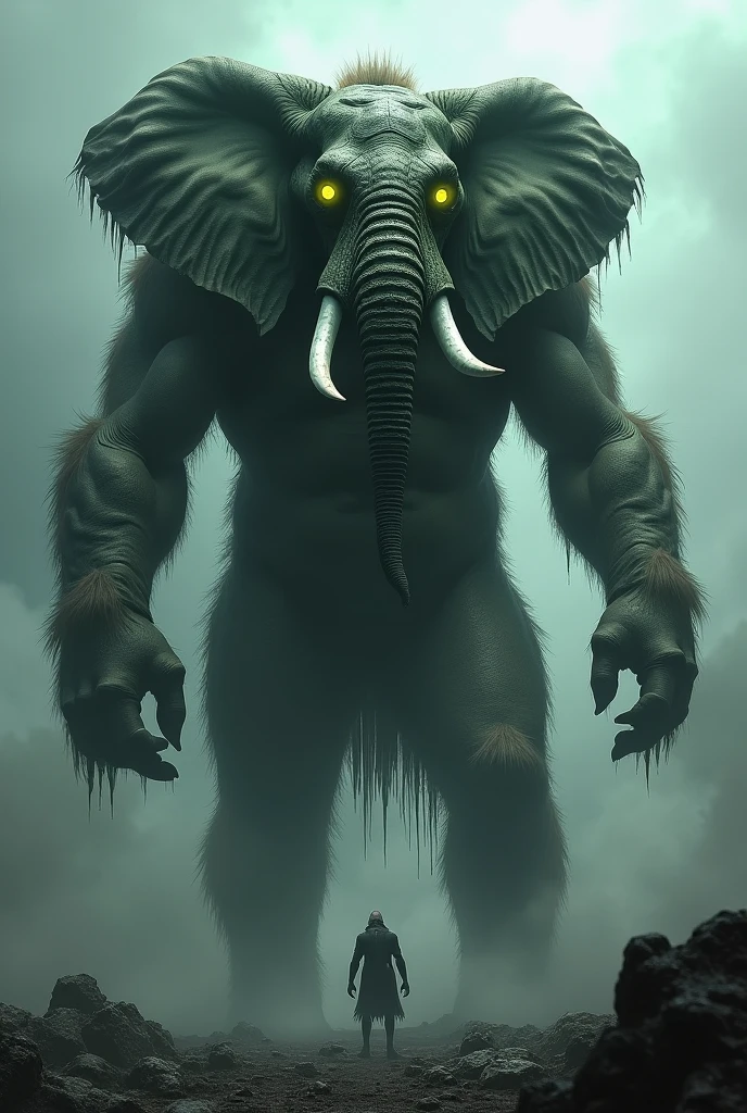 "Design a Human , elephant and radiation  fusion with glowing eyes and intertwined scales and fur, exuding raw, terrifying power."