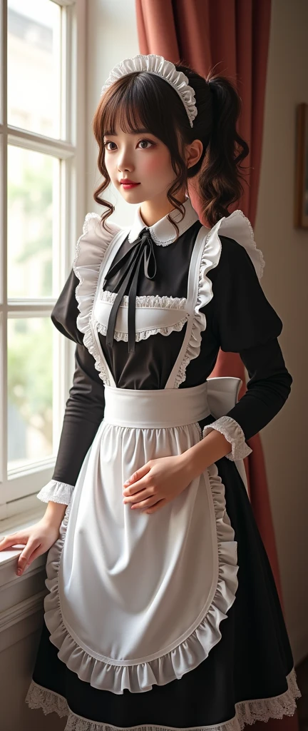 Highest quality、High resolution、Detailed Background、(Beautiful face in every detail:1.4)、Anatomically correct、Normal number of fingers、Detailed facial expressions、Detailed red eyes、Beautiful women in their 20s、Perfect body line、Brown Hair、Black Hair、ponytail、Braided bob cut、Wavy Hairstyle、well-groomed eyebrows、Cute Eye Makeup、Cute Lip Makeup、Cute gestures、A big smile、smile、Show the whole body、
(A beautiful maid looking back at the window in her room:1.5)、
Pair a black dress with a white apron、Apron frills and ribbons design、Sleeves and aprons are designed with lace and chiffon、Ribbons and head accessories、Add ribbons to your dress or apron, or match ribbon hair accessories.、The right accessories and shoes、very beautiful