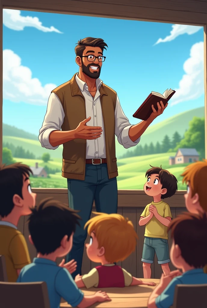 a young man with brown skin, good looking, with hair combed back, with glasses, anime style, dressed as a teacher of children and young people, presenting a topic with his right hand and with an open bible in his left hand, Surrounded by happy boys and girls who want to learn, with a country background and reflecting a beautiful day