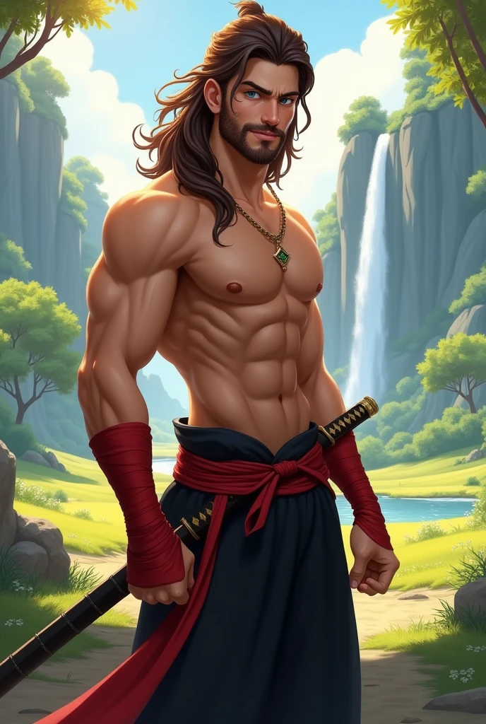 Realistic Digital Art Style -- Strong Man -- Young Adult 2 -- No Shirt -- Aura of Strength, charisma and confidence -- beautiful smile, smiling, smiling -- Pretty Face -- Light Blue Eyes -- Long Wavy Brown Hair, your hair reaches the nape of your neck -- barba curta -- Calça Samurai preta -- Faixa Vermelha amarrado na cintura -- Bandagens Vermelhas nos punhos -- Pose de herói e superioridade -- Katana na cintura -- Cenário de fundo é uma linda planície com sol, Trees, waterfall and the blue sky, extremely detaild, soft ambient lighting, 4K, perfects eyes, a perfect face, perfect lighting, the 1 girl)), context: The man is confident and smiling happily, light blue eye, he is a 28 year old young adult, your hair reaches the nape of your neck, strong and determined, is alone in this environment, He is smiling. detaileds: The sun is shining brightly, waves are gently lapping in the background, and birds are flying in the clear blue sky. ))