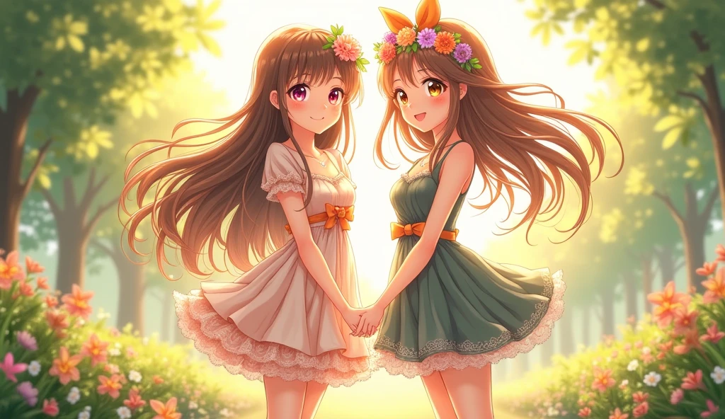 Ultra high quality,High heel,Short skirt,Smile,Sunlight,Lace dress,Wear flowers on your head,School Belle,charming,Ribbon,Two girls