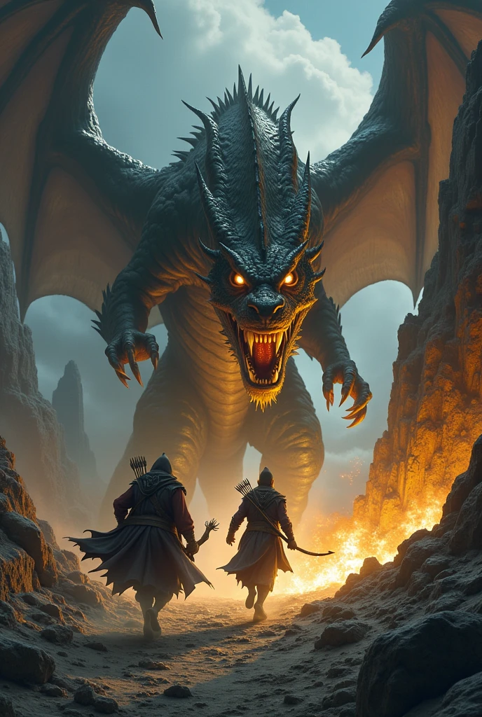 The wizard and the archer had to use all their skills to escape the angry dragon. They managed to escape, but they had to leave the treasure behind. The dragon had successfully protected his treasure.