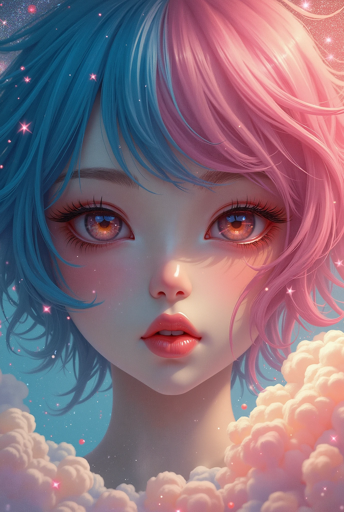 (Japanese girl:1.3), beautiful detailed eyes, beautiful detailed lips, extremely detailed eyes and face, long eyelashes, upper body, from side, looking at viewer, (fractal art:1.3), (rainbow color hair, colorful hair, half blue and half pink hair:1.2), water, liquid, cloud, colorful, starry, stars, (best quality, 4k, 8k, highres, masterpiece:1.2), ultra-detailed, (realistic, photorealistic, photo-realistic:1.37), vibrant colors, studio lighting, extremely detailed description, professional, concept art, surreal, 1920s french vibe,