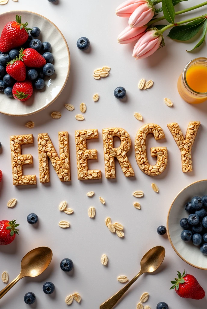 I need you to make lettering with oats that says energy, add more things around it, add spoons, dishes, Blueberry and strawberries change the background, lying down 


