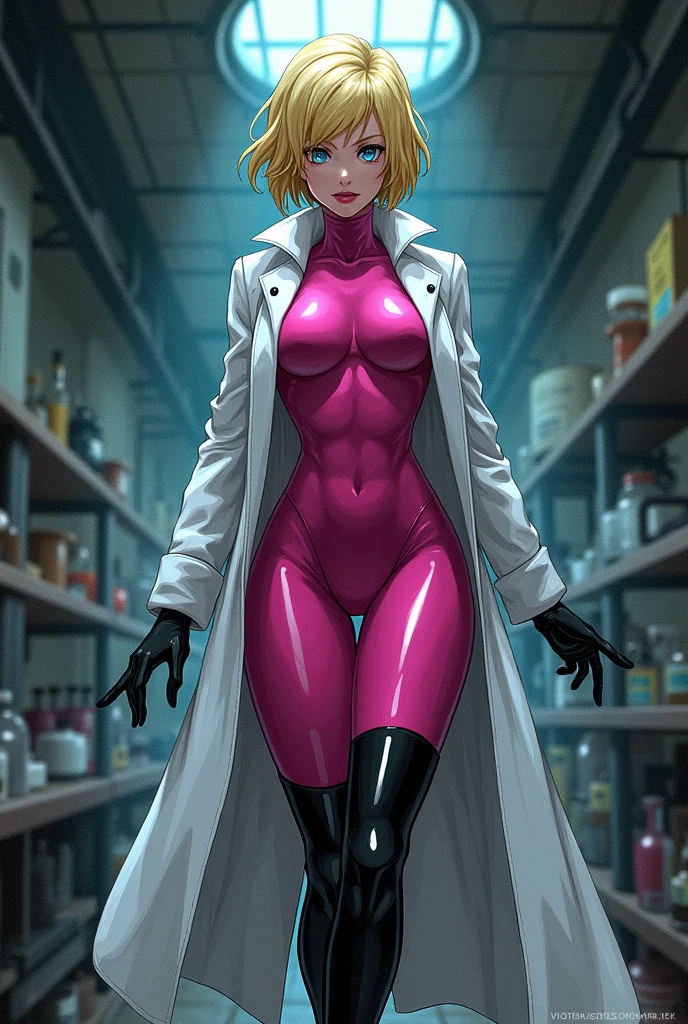 Anime style, Sultry and Beautiful young woman with a soul of pure evil and hatred. Short blonde hair that covers her left eye and blue eyed supervillain dressed in a sleek skintight pink bodysuit, long black gloves and black calf high boots. A long white lab coat over her bodysuit competes the look. She is floating and emanating black energy. She has a smile crossing her thin red lips. The setting is a dirty laboratory with a captured costumed hero in a cage. She is creating poisons in a lab.