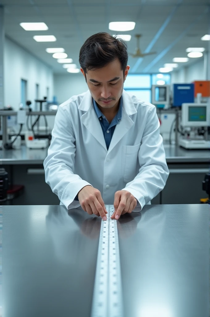 Image where the length of a laboratory table is being measured 