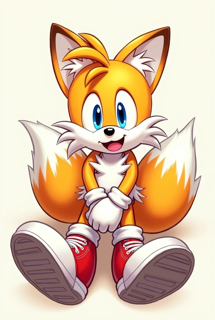 Tails crossed legs at the viewer with his shoes and gloves on front view