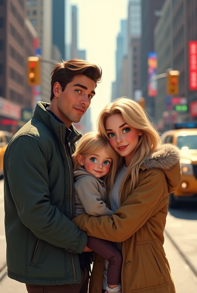 Blonde child with blue eyes, hugging her blonde mother with green eyes and very long hair along with her brunette husband with brown eyes but streets of NY 8k ultrarealistic