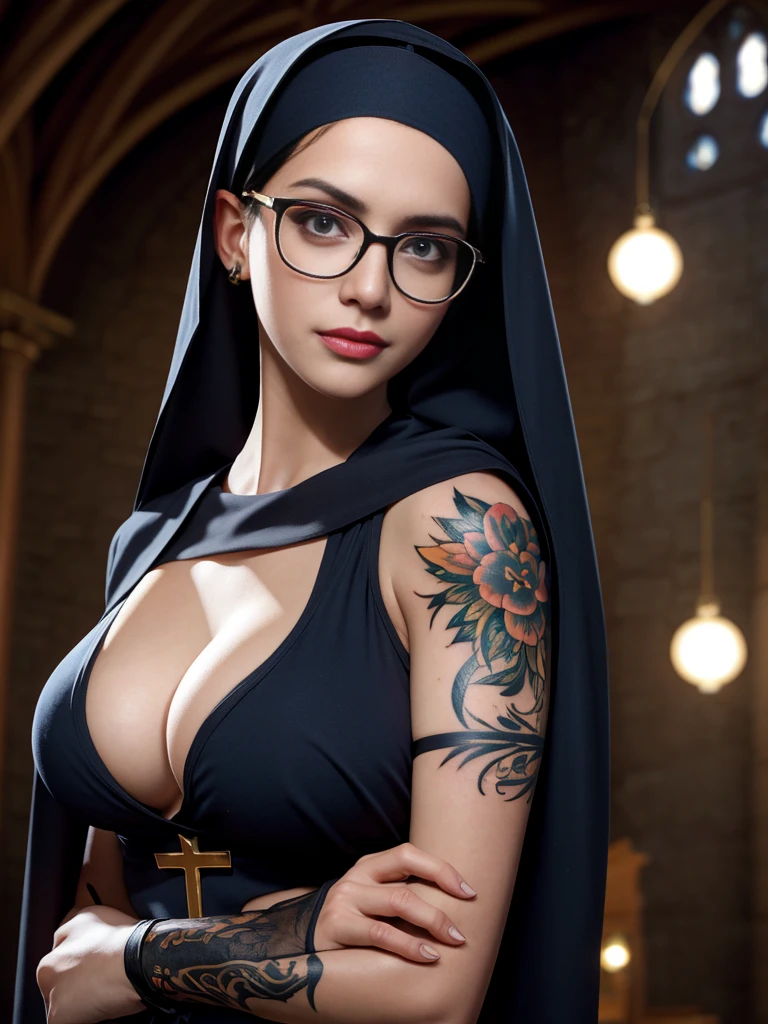 seductive nun, large breasts, european face, she is in church, she is wearing ripped clothes, professional photo, high detailed face, nipples, glasses, earnings, tattoo on arm, look at viewer, bokeh f2.8