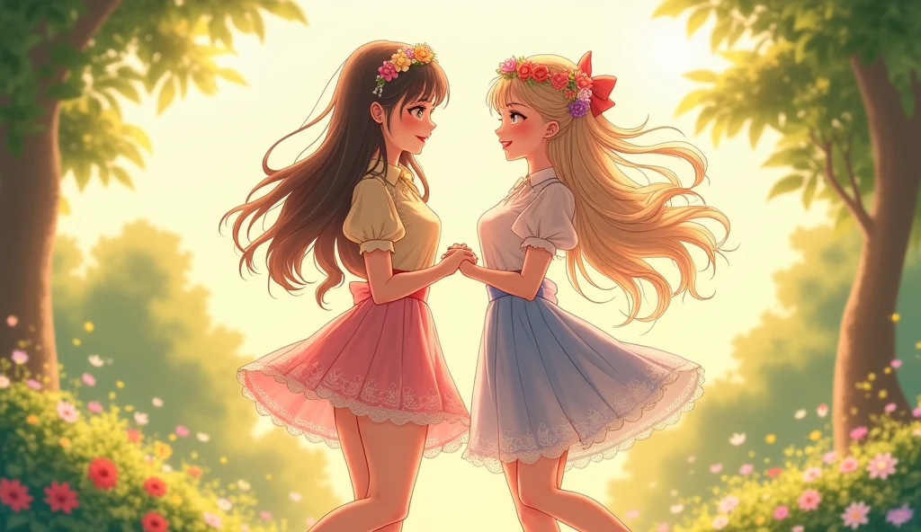 Ultra high quality,High heel,Short skirt,Smile,Sunlight,Lace dress,Wear flowers on your head,School Belle,charming,Ribbon,Two girls