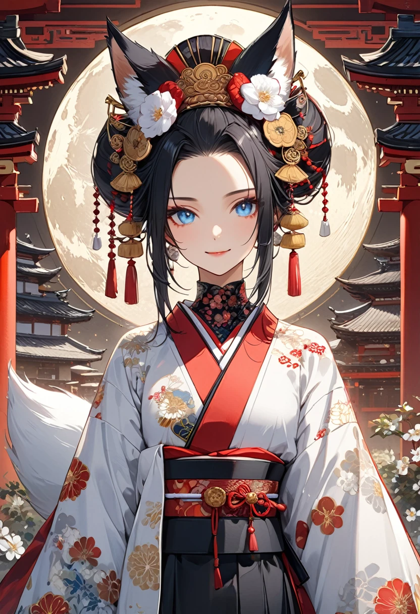 Ink painting, (((1 girl))), (((Tattoo in the middle of the forehead))),(((In the background is the Akatsuki moon))), (((Oiran))), (((Great hair accessories))), Demon possession, ((Masterpiece:1.2)), ((Highest quality)), Extremely detailed and delicate illustration style, Detailed leather texture, Detailed canvas texture, Very detailed description, (Masterpiece T), Extremely beautiful illustration, Highly detailed face, Raw image, professional, Ultra-high resolution panel, Complex details, Superior detail, Intricate decoration details, Perfect anatomy, real, (Very beautiful and cute black and white colored fox woman or girl with blue eyes wearing kimono), ((آذان الثعلب  black hair, White hair, multicolor, the beautiful)), (Beautiful black and white colored fox tail), (black hair, White evil, Beautiful and shiny), (Beautiful and clear blue eyes), (Beautiful detailed eyes:1.6), (Traditional black and white detailed costume), Front view, White flower kimono, Black white colorful hakama long skirt, A maxi skirt, Modestly dressed, He smiles, ((Standing and looking at me)), ((The day)), (Extremely detailed and beautiful Japanese temple construction), (8K Highest quality wallpaper), (Extremely detailed and delicate background)