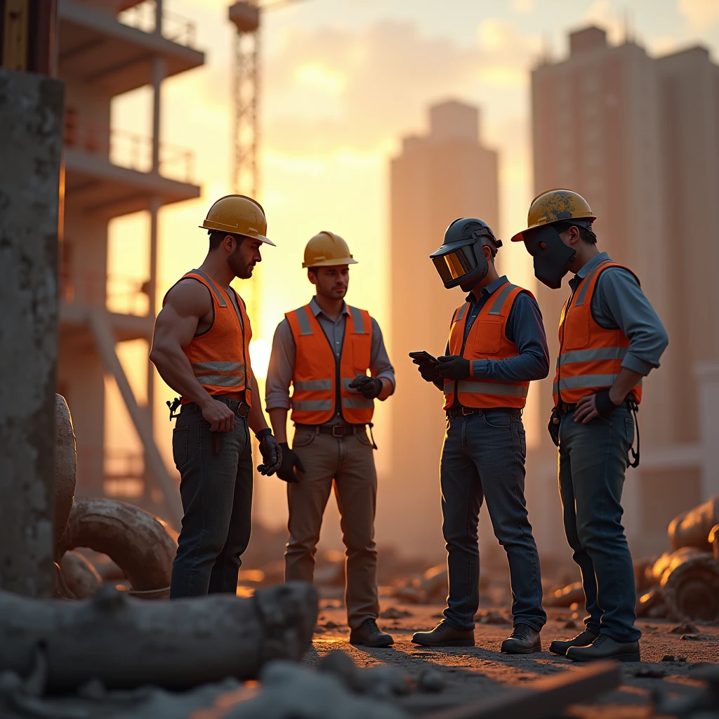 Generate a realistic scene of skilled trades workers—like a construction worker, electrician, and welder—standing together on a construction site at sunset. The warm golden light casts long shadows, highlighting their tools and reflective vests as they look out over a partially built structure."