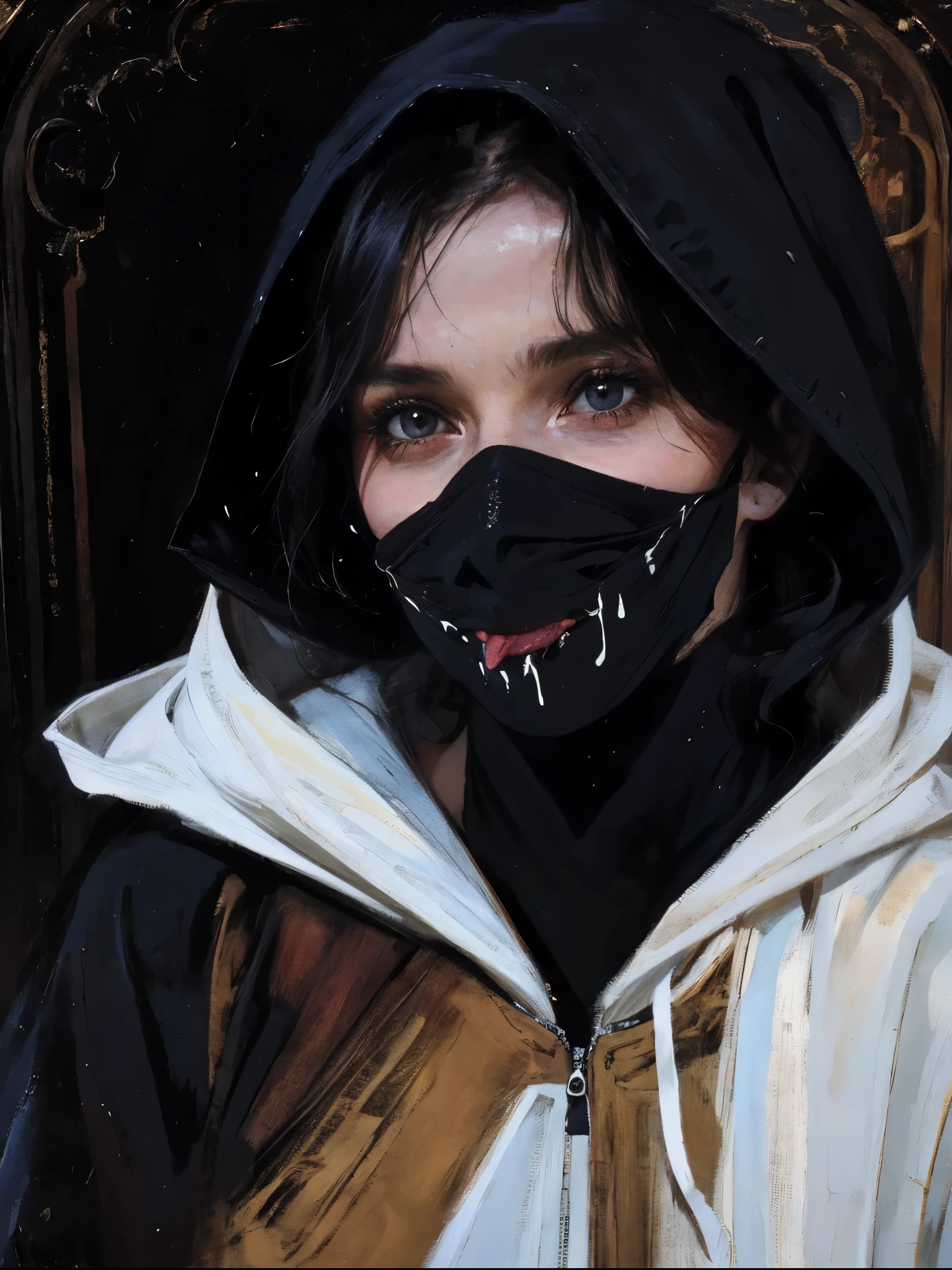 Close-up portrait of a young woman with a rebellious and defiant expression. His face is in the foreground, softly and dimly lit, highlighting her light skin. He wears a black hood that covers most of his head., leaving only his mouth and tongue visible. About the hood, A white cross stands out at the top, contrasting with the dark fabric. the woman has her mouth open, showing a wide, provocative smile while sticking her tongue out, creating a bold and defiant effect. The light is subtle, with soft shadows that add a dramatic touch to the face and hood. The style is hyperrealistic, capturing the details of the fabric texture, Shiny teeth and wet tongue,The hood covers his eyes and nose,only the mouth visible