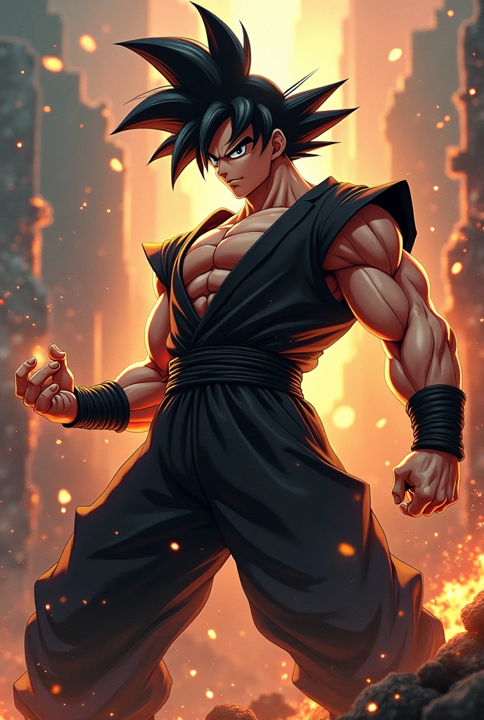 high quality 8k, ((ultra-realistic, highly detailed, photorealistic:1.4)), ((epic, cinematic, dramatic:1.3)), muscular male anime character, Goku in a black Metal Gear outfit, striking heroic pose, complex background with blasting island, intricate details, ultra-detailed CG, best quality masterpiece, finest illustration, perfect shadows, explosive lighting, vibrant color palette, ((fusion of Goku and Metal Gear)), inspired by Akira Toriyama, Yoji Shinkawa, Dave Rapoza