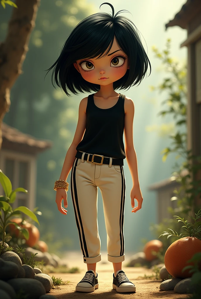 Make an image in Coraline and the secret door version of a person with short black hair, short, robust girl, with white pants with black stripes and a black sleeveless blouse.