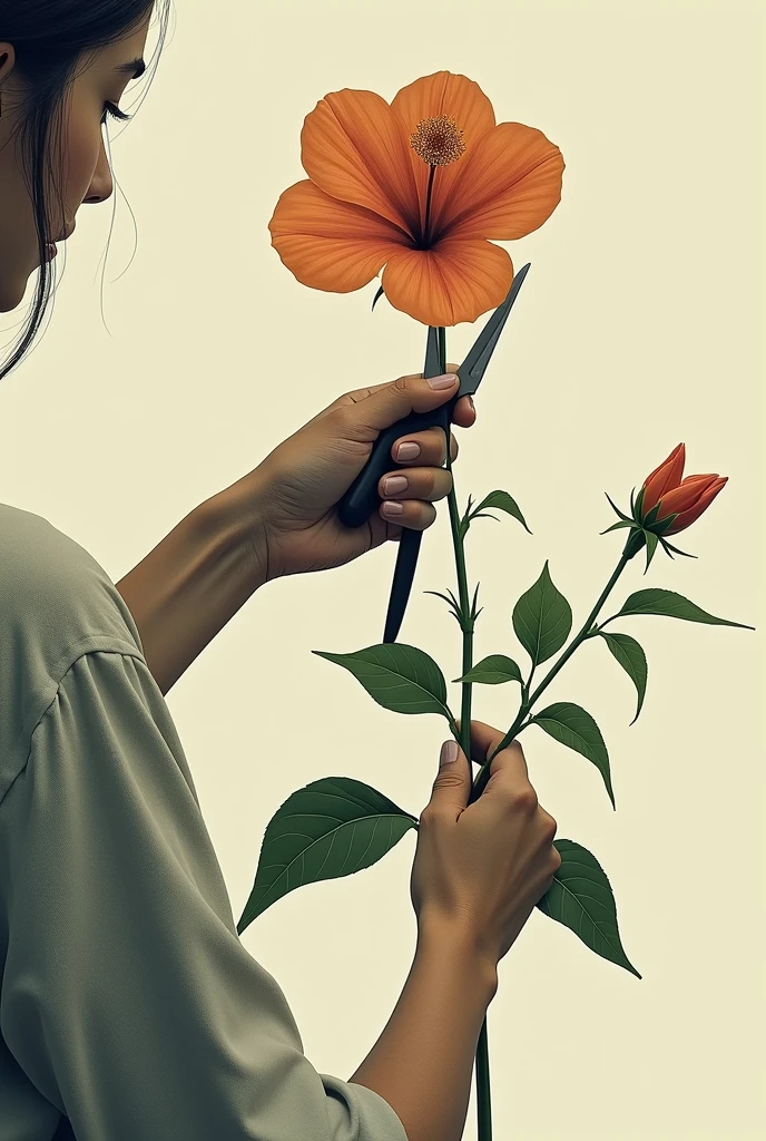 A female hand holding scissors cutting a flower, but instead of a common flower, It is a flower of the coca plant. This symbolizes the connection between drug trafficking, Beauty and death in Rosario's life.