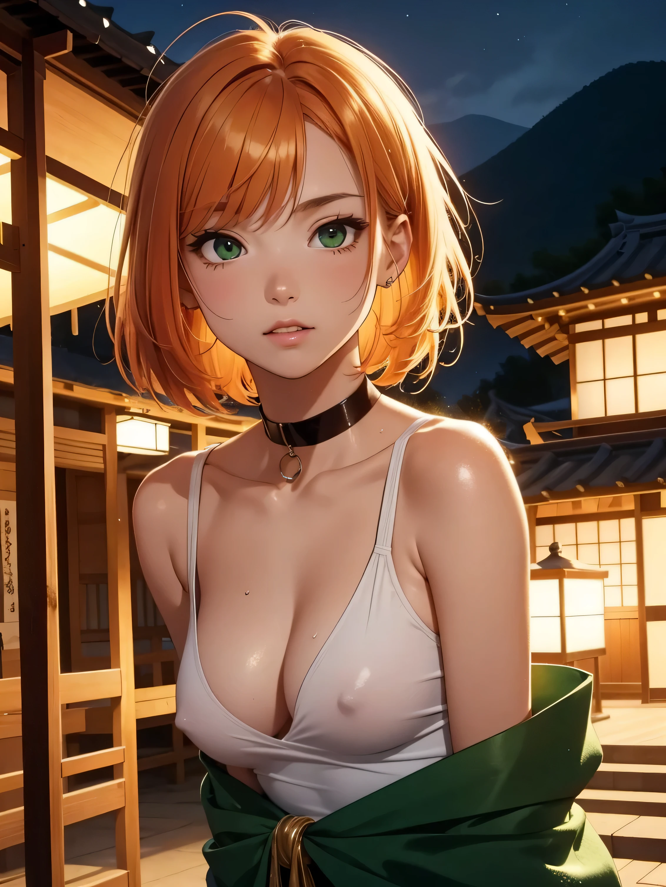 super high image, super detail, super high resolution, cute 18 year old girl, skinny, small breasts, no cleavage, facial close-up, moist shiny lips, seductive look, light-orange hair, messy wild short hair, green sparkling eyes, glossy dark eyeshadow, shiny skin, nose pierce, choker, tank top, perky nipples, exposed shoulders, jacket, night time, japanese village in background