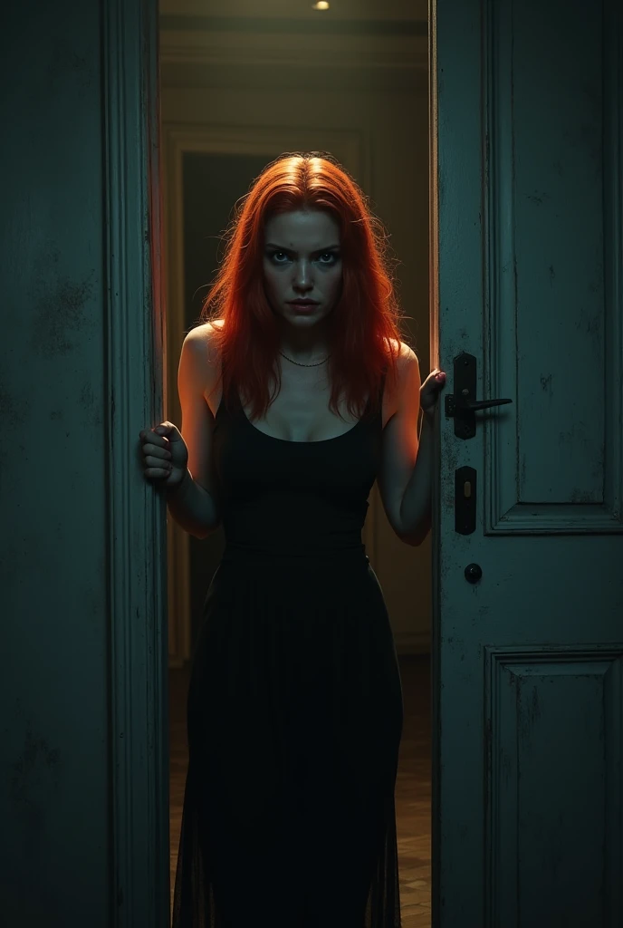 redhead woman holding the door scared and gothic