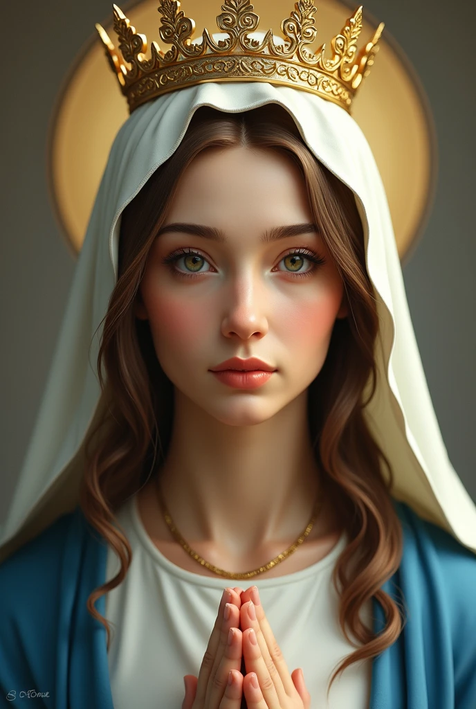 image of the Virgin Mary, she is 30 years old, she is wearing a blue and white coat, your veil is white, she is wearing a golden queen crown, image ultra realistic, the Virgin Mary has a serene and compassionate look
