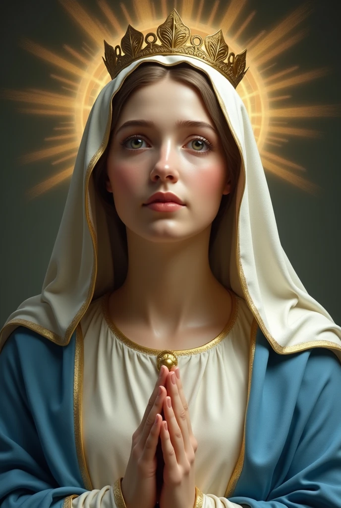 image of the Virgin Mary, she is 30 years old, she is wearing a blue and white coat, your veil is white, she is wearing a golden queen crown, image ultra realistic, the Virgin Mary has a serene and compassionate look
