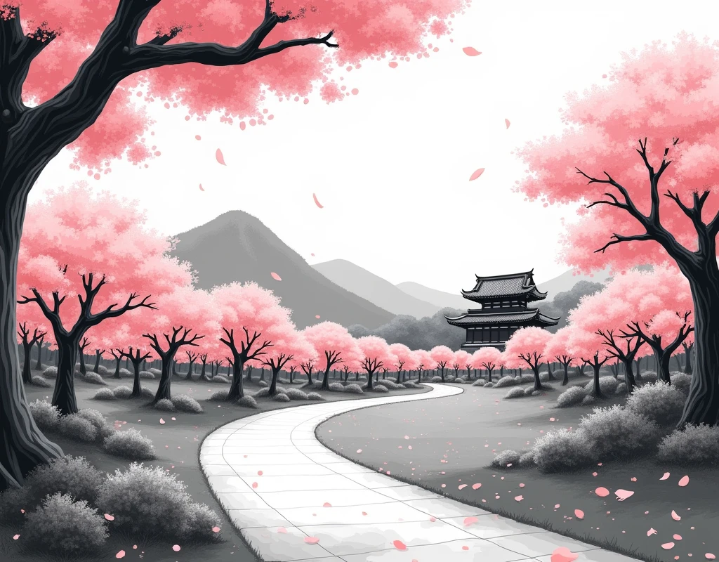 generate black and white japanese style anime landscape, sakura park
