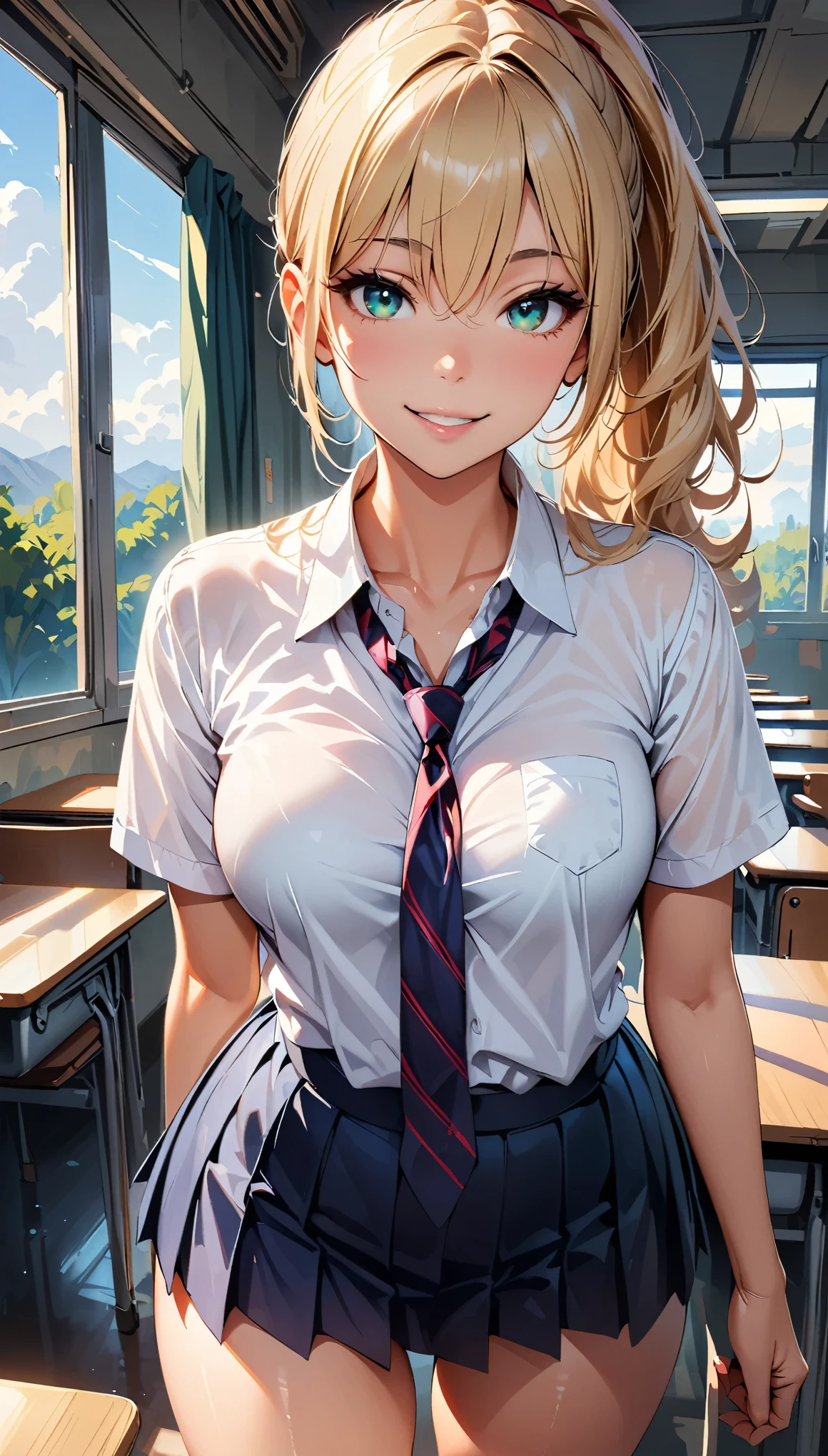 (masterpiece:1.2, top-quality), (photorealistic:1.2), beautiful illustration, (natural side lighting, movie lighting), 
beautiful detailed hair, beautiful detailed face, beautiful detailed eyes, beautiful clavicle, beautiful body, beautiful chest, beautiful thigh, beautiful legs, beautiful fingers, 
looking at viewer, 1 girl, high school girl, (perfect anatomy, anatomically correct, super detailed skin), cute and symmetrical face, perfect face, perfect eyes, babyface, shiny skin, 
(middle hair, ponytail, blonde hair), hair between eyes, dark green eyes, big eyes, glowing eyes, long eye lasher, (medium breasts seductive thighs, big ass), narrow waist, 
(detailed cloth texture, break white collared shirt, break blue pleated skirt, cobalt blue and red stripe tie), break 
(beautiful scenery), morning, (school classroom:1.2), standing, (lovely smile, upper eyes, parted lips), 