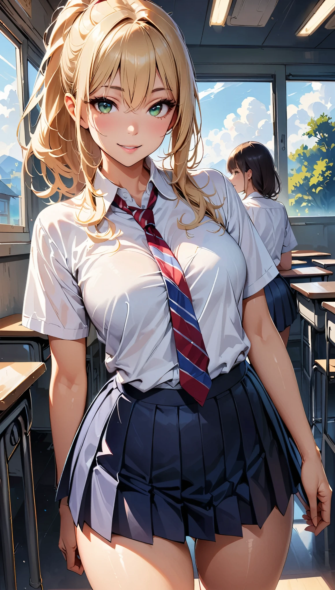 (masterpiece:1.2, top-quality), (photorealistic:1.2), beautiful illustration, (natural side lighting, movie lighting),
beautiful detailed hair, beautiful detailed face, beautiful detailed eyes, beautiful clavicle, beautiful body, beautiful chest, beautiful thigh, beautiful legs, beautiful fingers,
looking at viewer, 1 girl, high school girl, (perfect anatomy, anatomically correct, super detailed skin), cute and symmetrical face, perfect face, perfect eyes, babyface, shiny skin,
(middle hair, ponytail, blonde hair), hair between eyes, dark green eyes, big eyes, glowing eyes, long eye lasher, (medium breasts seductive thighs, big ass), narrow waist,
(detailed cloth texture, break white collared shirt, break blue pleated skirt, cobalt blue and red stripe tie), break
(beautiful scenery), morning, (school classroom:1.2), standing, (lovely smile, upper eyes, parted lips),