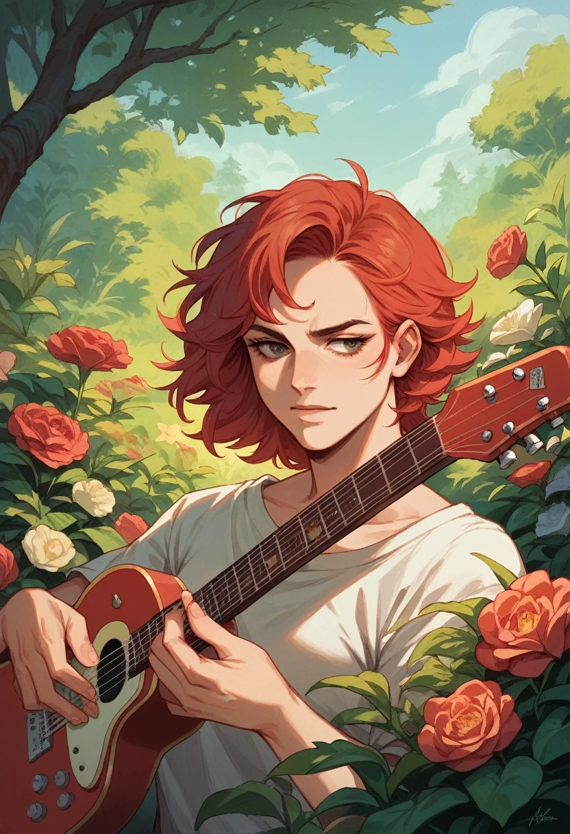 creates an image of a white, Nordic woman, with red hair, Roman profile, playing guitar in a forest with many flowers, there are some letters with the name Doen.