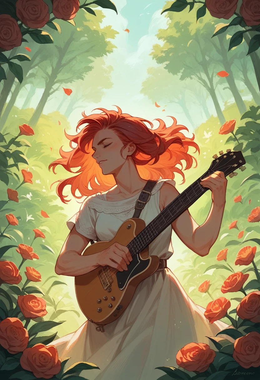 creates an image of a white, Nordic woman, with red hair, Roman profile, playing guitar in a forest with many flowers, there are some letters with the name Doen.
