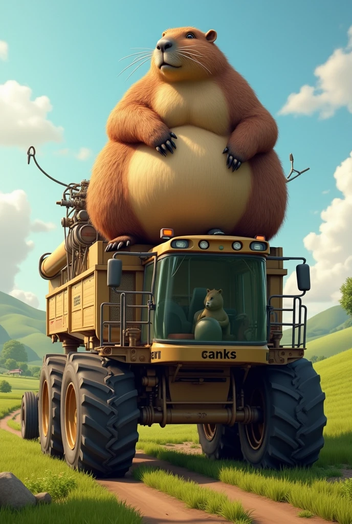 Fat capybara on top of the harvester