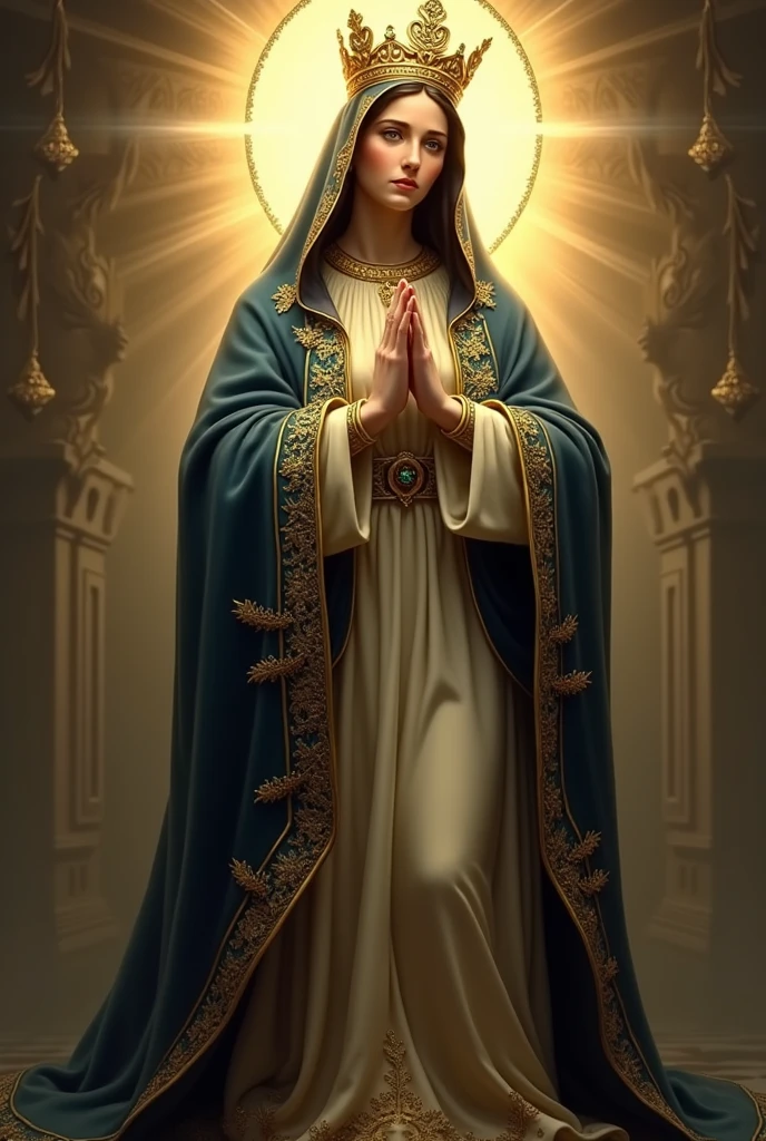"Create a detailed image of Our Lady of Aparecida. She is depicted standing with a solemn and compassionate expression. She wears a richly adorned dark blue mantle, embroidered with gold, over a simple gown. A golden crown with jewels rests on her head, and a radiant halo of light surrounds her. She holds her hands together in prayer, and the background should be simple yet luminous, highlighting her significance as the patroness of Brazil. The setting should evoke a sense of reverence and divine protection, with subtle hints of Brazilian cultural elements."
